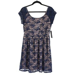 One <3 Clothing Los Angeles Navy Blue Lace Nude Mini Skater Dress XL